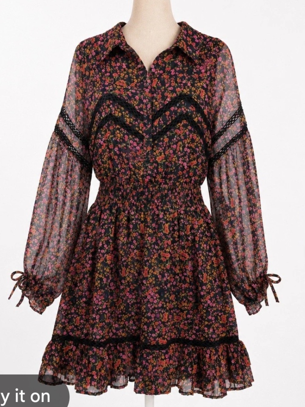 Dark Romantic boho Whimsigoth ditsy Floral Chiffon cottagecore Mini Dress 8/M